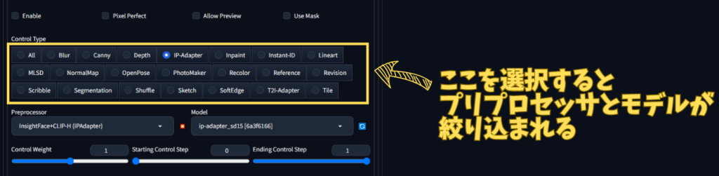 ControlNetでプリプロセッサとモデルをフィルタする